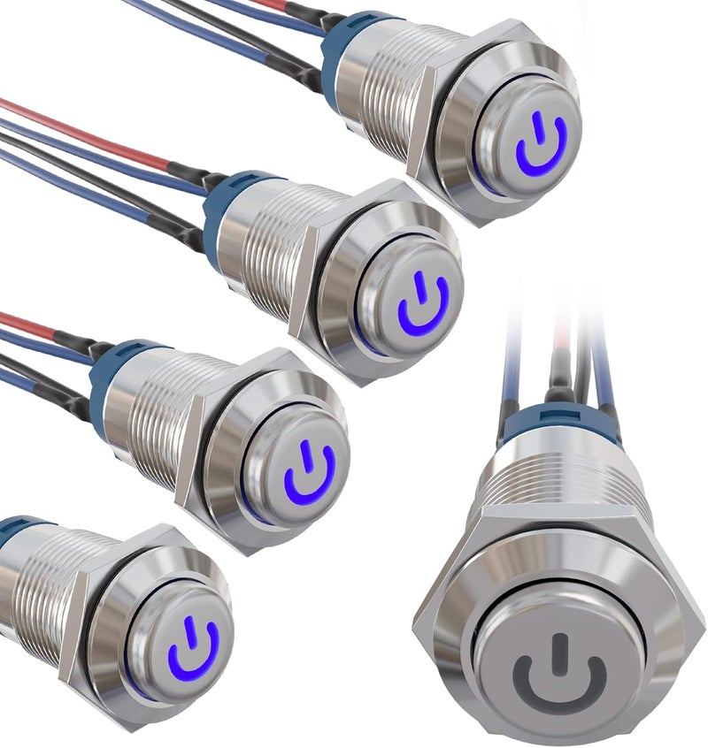 STARELO 5PCS 12mm Latching LED Push Button Switch Mini Round Silver Shell with Pre-Wired, Power Mark Logo, IP65 Waterproof Push Button Switch, 1NO 1 Normally, Self Latching (Blue) with LED. - Image 1